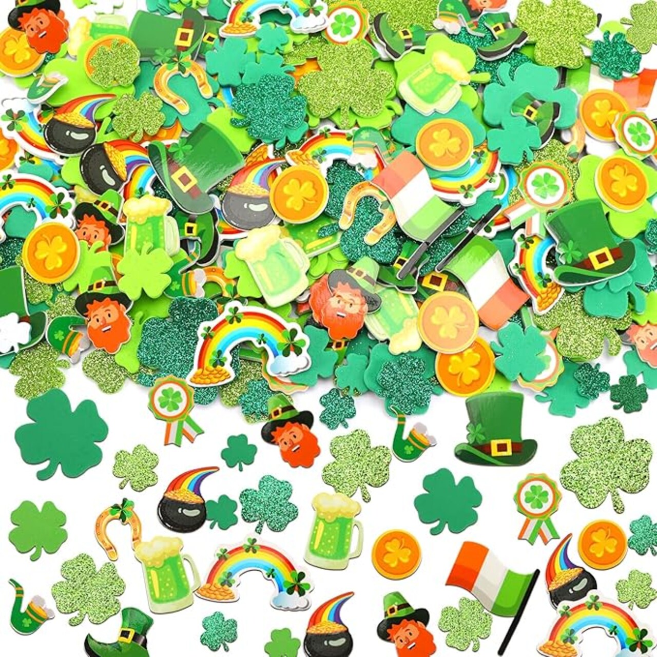 St. Patrick's Day Foam Sticker, 300Pcs Green Irish Lucky Shamrock Self Adhesive Foam Stickers Glitter Four Leaf Clover Stickers for Kids Party Favors DIY Crafts Decorations Supplies